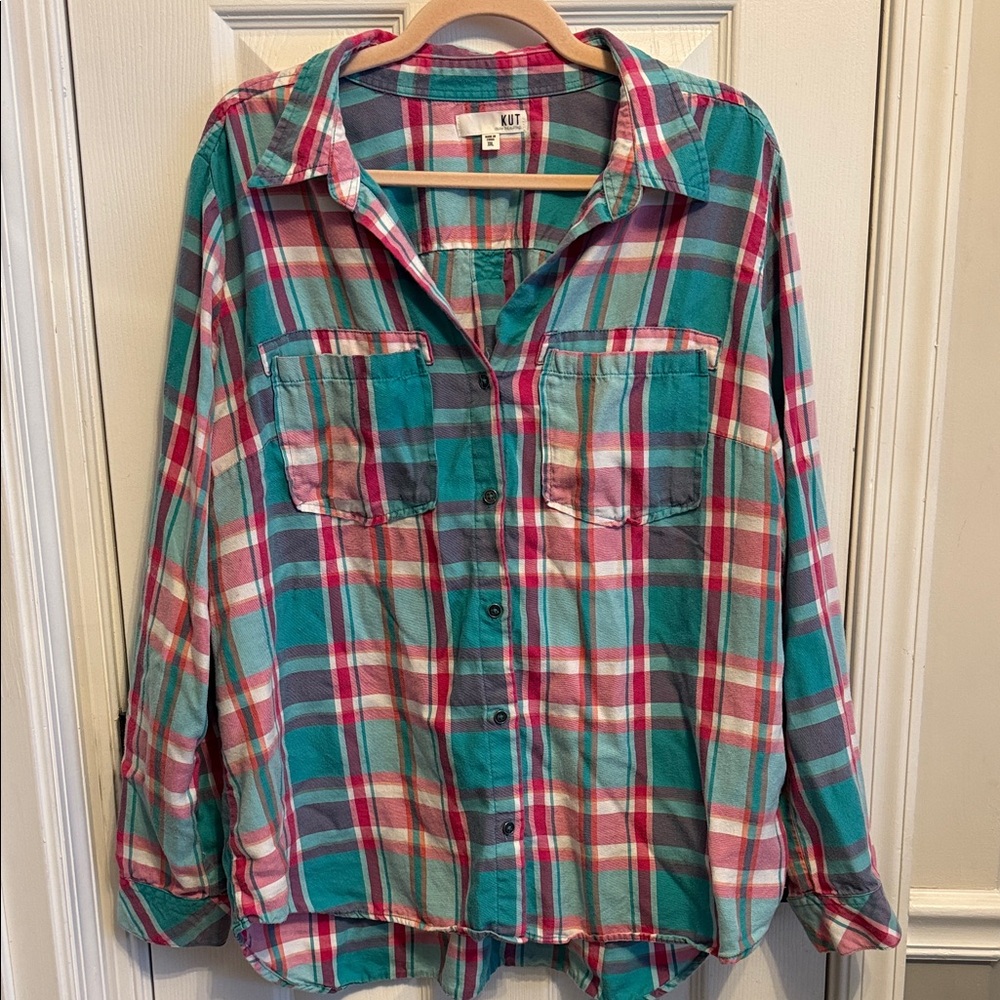 Kut from the Kloth Pink and Green Plaid Button Down Shirt Sz XXL